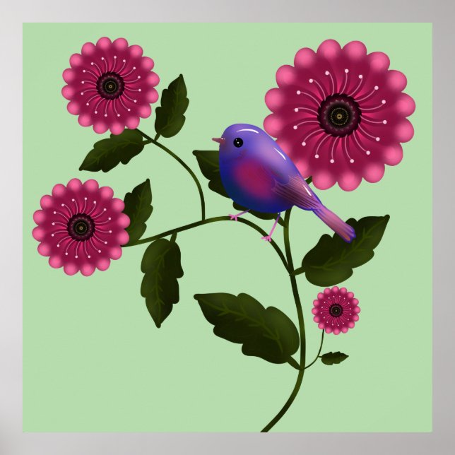 Poster Arte Floral Vibrante de Primavera com Pássaro Roxo (Frente)