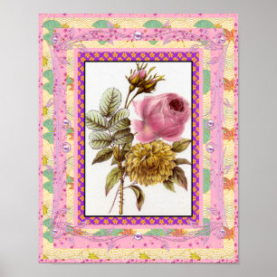 Póster Arte Floral Vintage em Cartaz Rosa Com Moldura