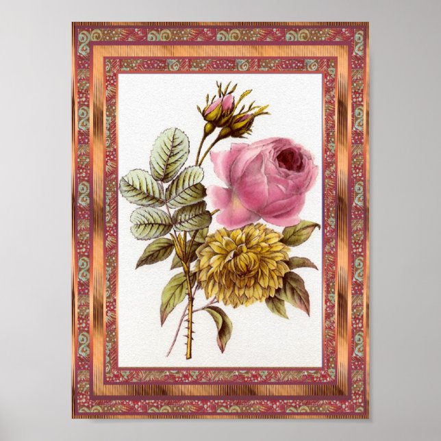 Póster Arte Floral Vintage em Cartaz Rosa com Moldura (Frente)