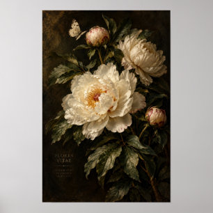 Poster Arte Floral Vintage Marfim Escuro em Parede