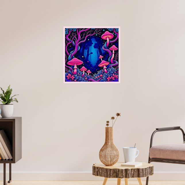 Poster Arte Floresta de Cogumelo Rosa Neon (Sala de Estar 3)