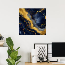 Poster Arte Fluida Abstrata de Luxo Azul Marinho e Dourad