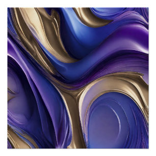 Póster Arte Fluida Abstrata Moderna - Azul Roxo e Dourado