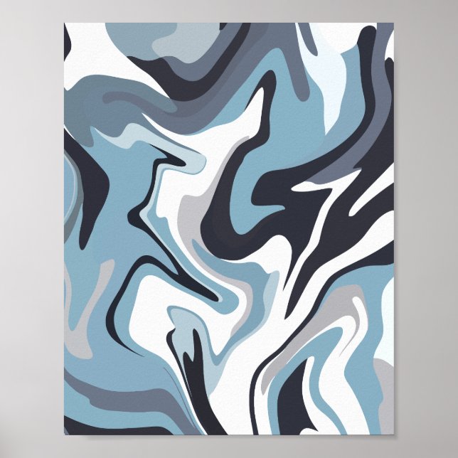 Poster Arte Fluido Abstrato com Tons Azuis e Cinzas Girat (Frente)
