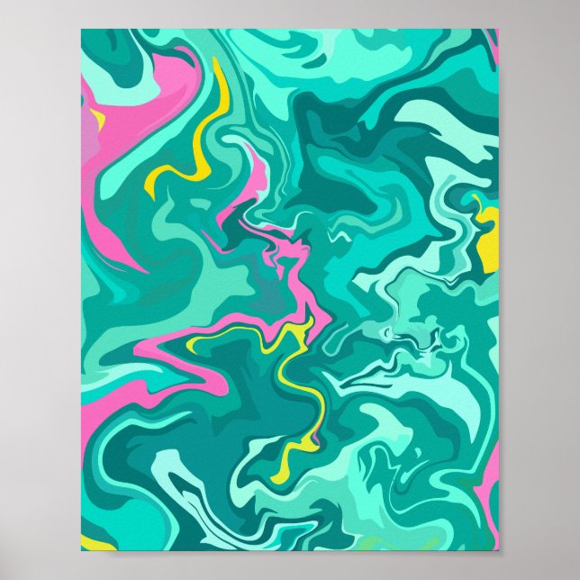 Poster Arte Fluido Abstrato com Verde, Rosa e Amarelo (Frente)