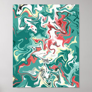 Poster Arte Fluido Abstrato em Verde, Branco e Vermelho