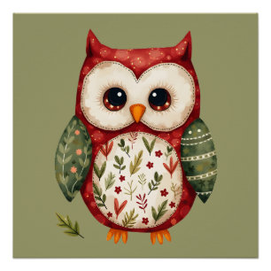 Póster Arte Folclórica de Coruja Design Cottagecore da Fl