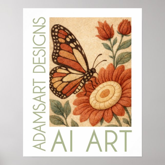 Poster Arte Folclórica Floral de Borboleta Monarca Feltra (Frente)