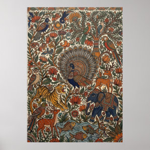 Poster Arte Folclórica Indiana Kalamkari Pavão Tigre Elef