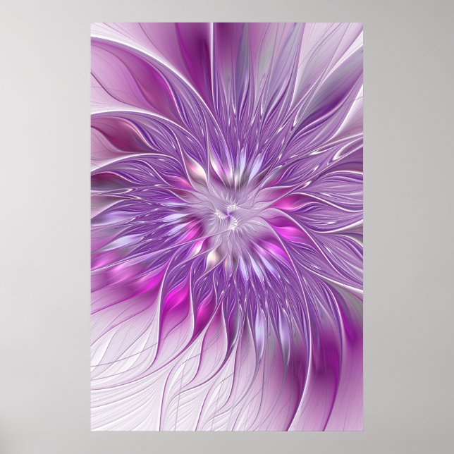 Poster Arte Fractal Abstrata Flor Roxa Rosa (Frente)