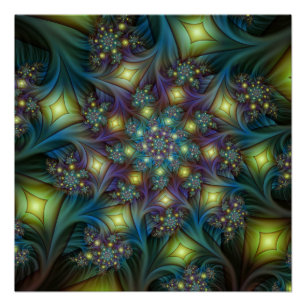 Póster Arte Fractal Abstrata Iluminada Brilhante Turquesa