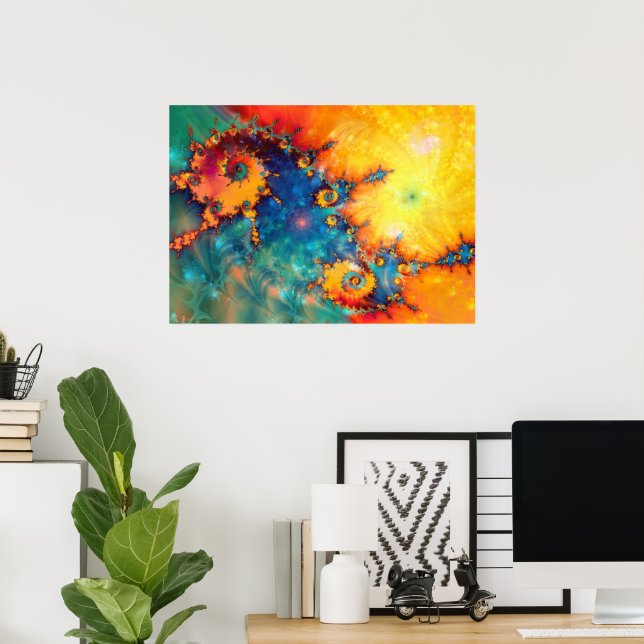 POSTER ARTE FRACTAL LARANJA AZUL ABSTRATA (Escritório em casa)