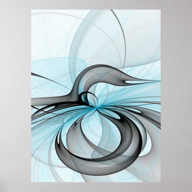 Poster Arte Fractal Moderna Abstrata Antracite Cinza Azul (Frente)