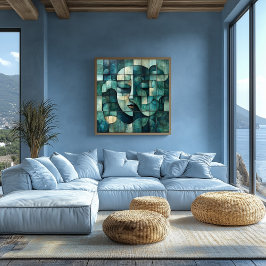 Póster Arte Geométrica Abstrata de Rosto – Parede Azul e 