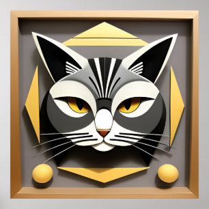 Poster Arte Geométrica de um Gato Estilizado Desenho Abst