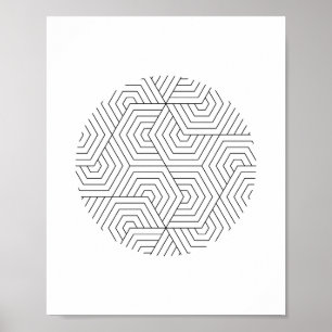 Póster Arte Geométrica do Círculo Hexágono Negro e Branco