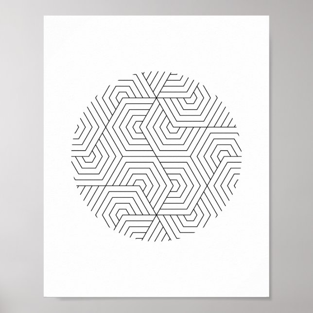 Póster Arte Geométrica do Círculo Hexágono Negro e Branco (Frente)