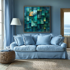 Póster Arte Geométrica em Camadas Abstrato - Teal e Azul