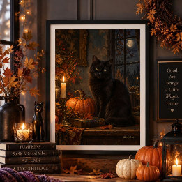 Poster Arte Gótica de Gato Preto ao Luar de Outono