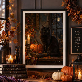 Poster Arte Gótica de Gato Preto ao Luar de Outono