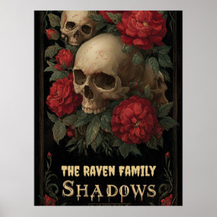 Poster Arte Gótica Escura com Caveira, Rosas e Texto Pers