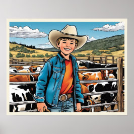 Poster Arte Gráfica do Cowboy Bovinos Rancher Menino