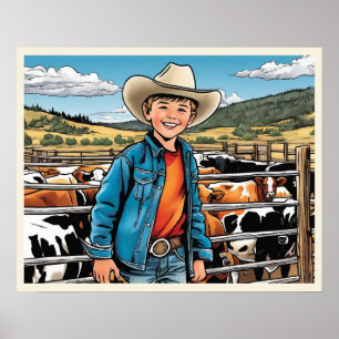 Poster Arte Gráfica do Cowboy Bovinos Rancher Menino