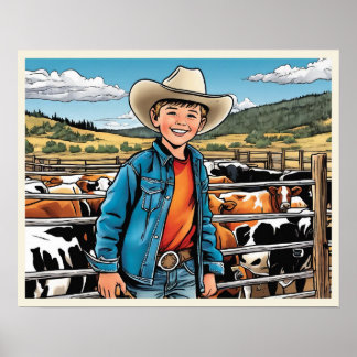Poster Arte Gráfica do Cowboy Bovinos Rancher Menino