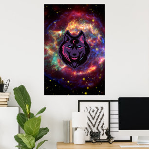 Poster Arte Gráfica, Ilustração de Lobo Cósmico Roxo