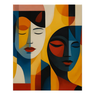 Póster Arte impressa de rostos abstratos, retrato duplo, 