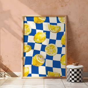 Poster Arte impresso em parede de limão em xadrez azul