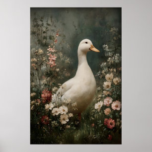 Poster Arte Imprimível Antiga de Pato, Pato Flor Minimali