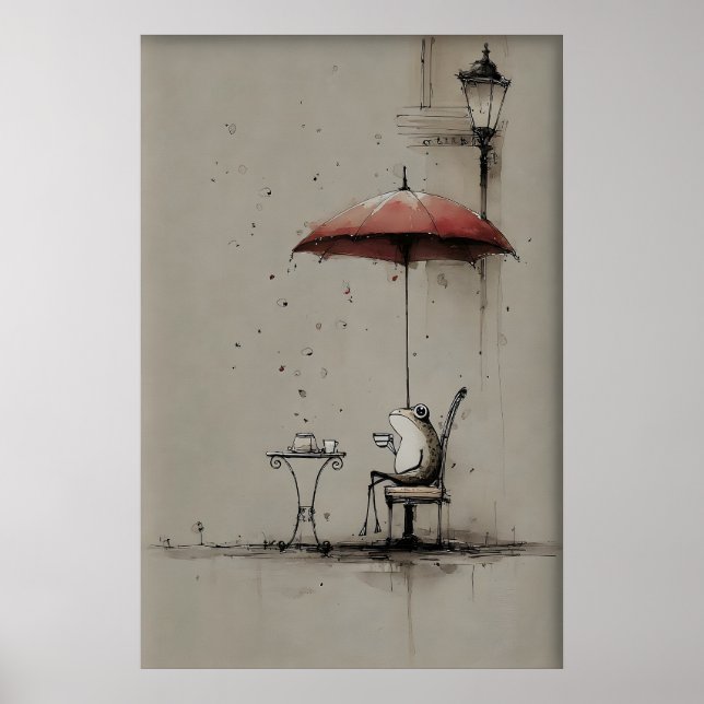 Poster Arte Imprimível de Sapo Bebendo Café, Minimalista  (Frente)