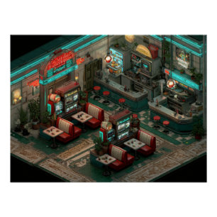 Póster Arte Isométrica de Lanchonete Cyberpunk Neon
