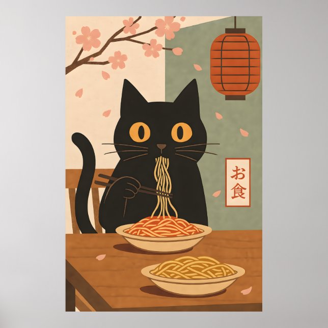 Poster Arte Japonesa de Gato Preto Minimalista Comendo Es (Frente)