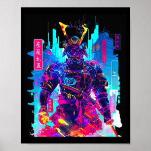 Poster Arte japonesa de samurai neon cyberpunk