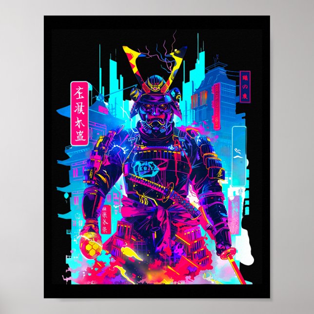 Poster Arte japonesa de samurai neon cyberpunk (Frente)