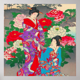 Póster Arte Japonesa - Duas Mulheres Falando No Jardim Ro