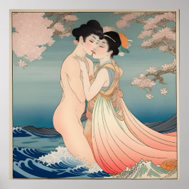 Poster Arte japonesa, pintura de papel de seda, amantes
