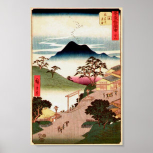 Póster Arte japonesa Ukiyo-E da vila w/Mountain Woodblock