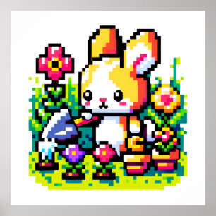Poster Arte Jardineira Pixelada Vibrante do Coelho Retro