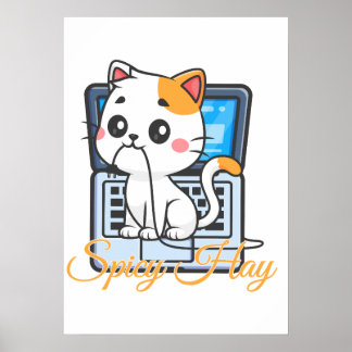 Poster Arte Kawaii de Gato Divertido Mordendo Cabo de Fen