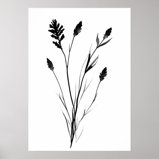 Poster Arte lavanda de flores de solteiro preto e branco (Frente)