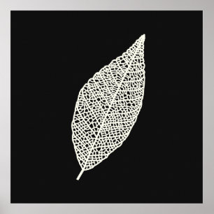 Poster Arte linear de Folha de Esqueleto Preto e Branco