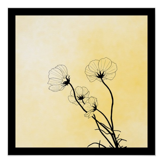 Póster arte linear floral de orquídea em amarelo (Frente)