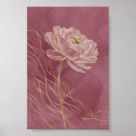 Poster Arte Linear Floral em Dourado Rosa Empoeirado Mini