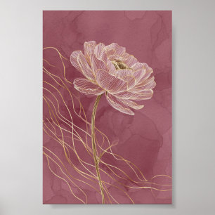 Poster Arte Linear Floral em Dourado Rosa Empoeirado Mini