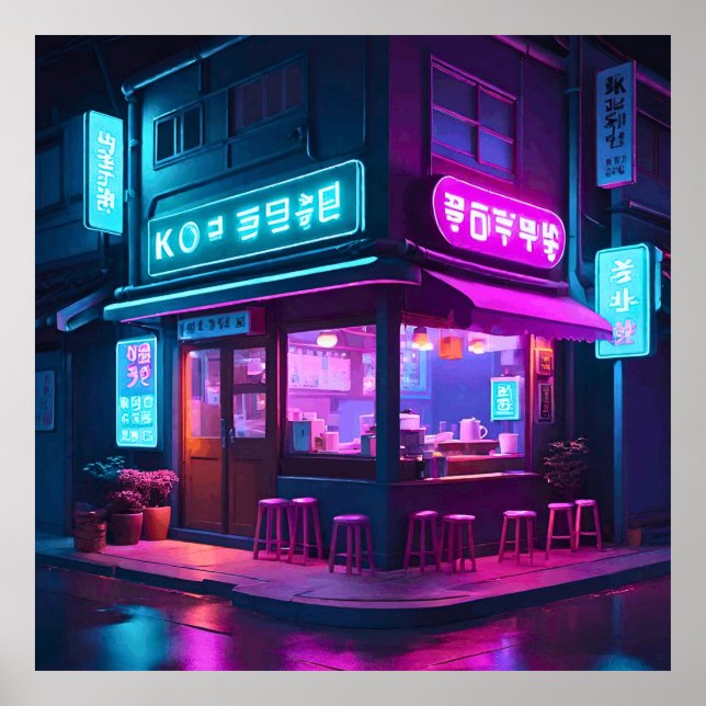 Poster Arte LoFi do Café Neon Coreano (Frente)