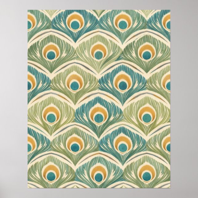 Poster Arte Macia de Pena de Pavão em Sage e Dourado (Frente)