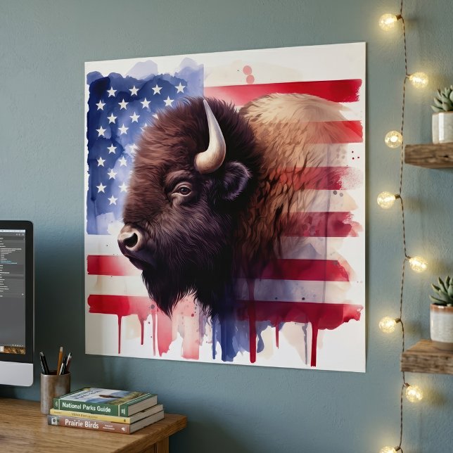 Poster Arte Magnífica de Bisonte Americano e Bandeira Pat (Majestic American Bison & Patriotic Flag Artwork. Poster)